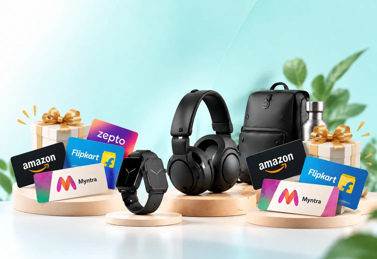 Premium merchandise rewards including headphones, smartwatch, backpack and bottle