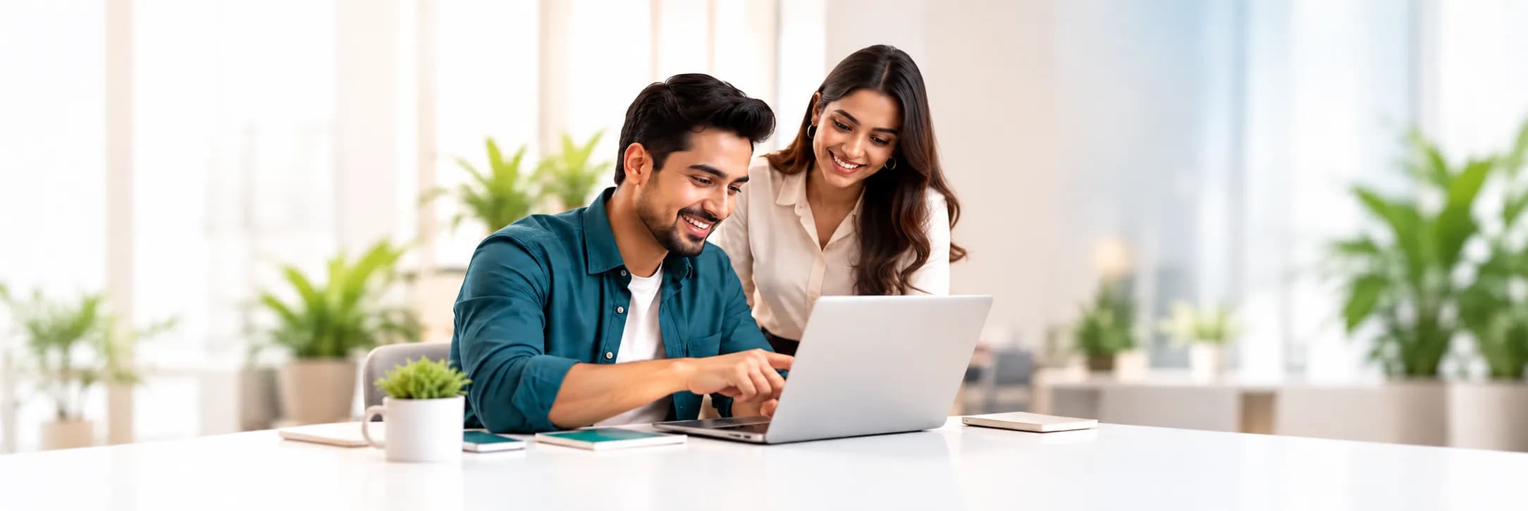 Colleagues reviewing their tax savings on a laptop