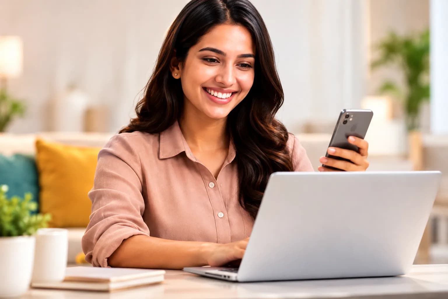 Customer smiling at a reward on her phone