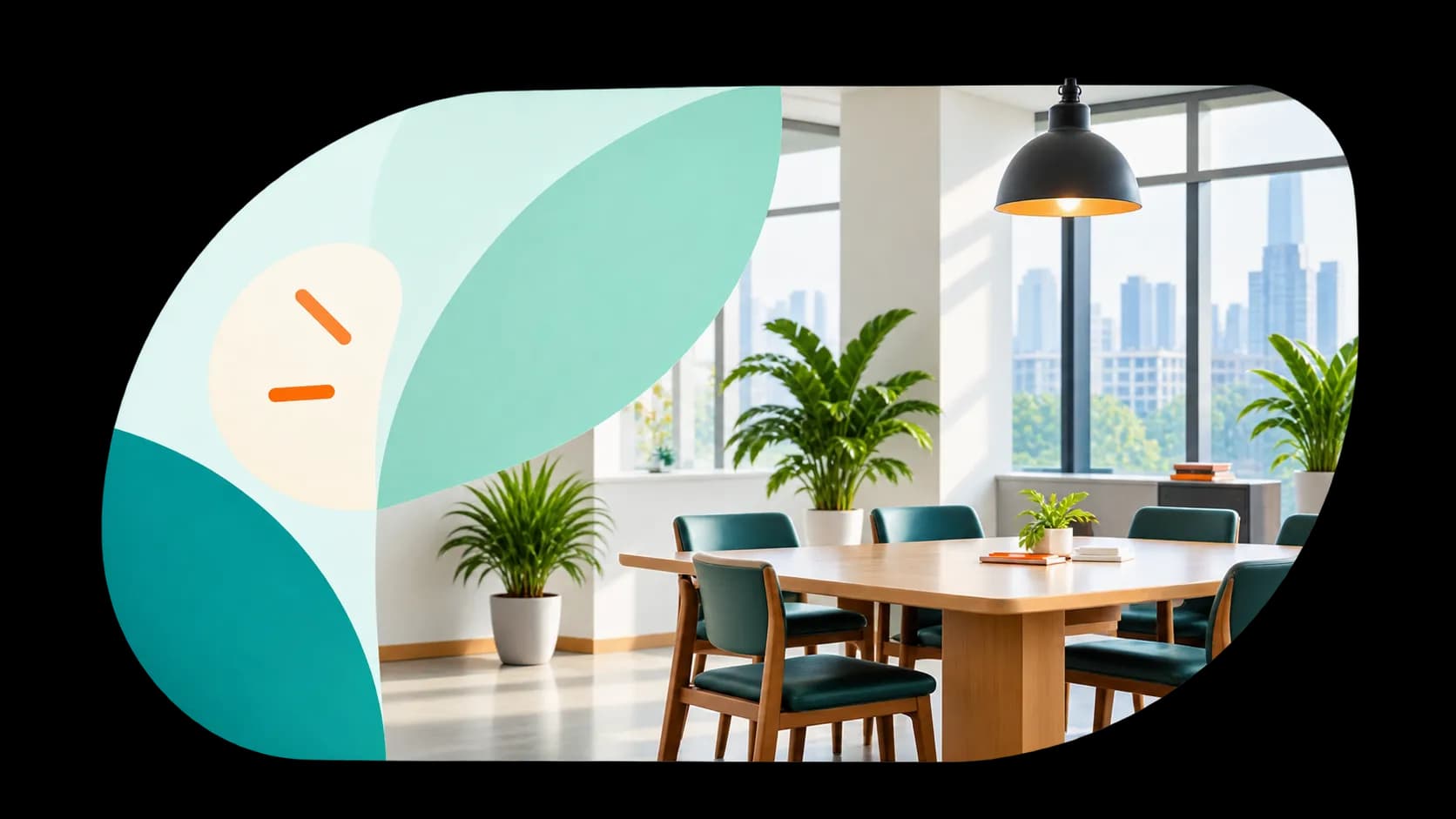 Bright, plant-filled office with a shared meeting table