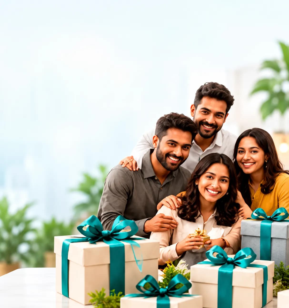 Smiling colleagues gathered around gift boxes